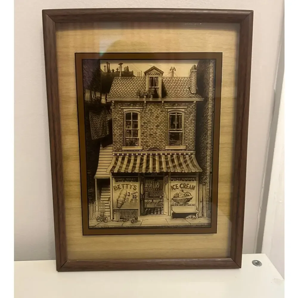 Vintage 1970's retro quaint old fashion ice cream shop print